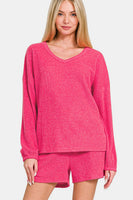 Zenana V-Neck Long Sleeve Ribbed Top and Shorts Set