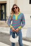 Contrast Striped Notched Long Sleeve Top
