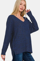 Zenana High-Low Center Seam V-Neck Sweater