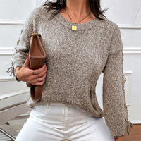 Shiny Lace-Up Long Sleeve Round Neck Sweater