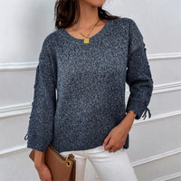 Shiny Lace-Up Long Sleeve Round Neck Sweater