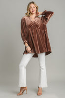 Umgee Full Size Beaded Frill Flounce Sleeve Velvet Babydoll Blouse