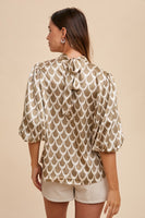 Annie Wear Tie Back Abstract Print Mock Neck Half Sleeve Blouse