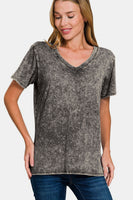 Zenana Full Size Washed Short Sleeve V-Neck T-Shirt