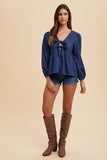 Annie Wear Tie Front Peplum Long Sleeve Denim Top
