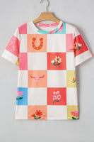 Checker Print Round Neck Short Sleeve T-Shirt