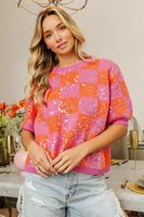 BiBi Checkered Short Sleeve Sequin Sweater