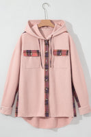 Waffle Knit Plaid Patchwork Drawstring Hooded Shacket