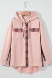 Waffle Knit Plaid Patchwork Drawstring Hooded Shacket
