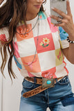 Checker Print Round Neck Short Sleeve T-Shirt