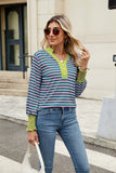 Contrast Striped Notched Long Sleeve Top