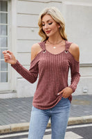 Ribbed Cold Shoulder Long Sleeve Top