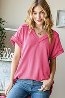 Heimish Full Size Exposed Seam Short Sleeve Ribbed Top