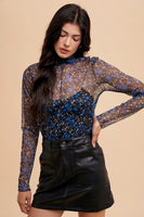 Annie Wear Floral Lettuce Hem Sheer Mesh Top