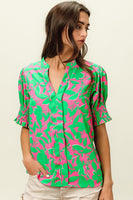 BiBi Smocked Cuff Floral Contrast Top
