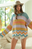 BiBi Wavy Hem Openwork Contrast Round Neck Sweater
