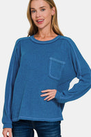 Zenana Full Size Contrast Stitching Brushed Ribbed Hacci Knit Top Plus Size