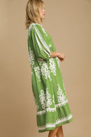 Umgee Printed Notched Midi Dress