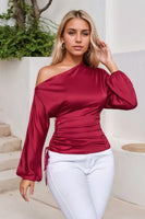 Drawstring One Shoulder Long Sleeve Blouse