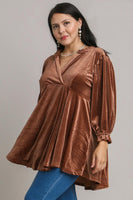Umgee Full Size Beaded Frill Flounce Sleeve Velvet Babydoll Blouse