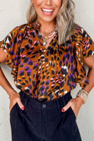 Leopard Notched Short Sleeve Blouse